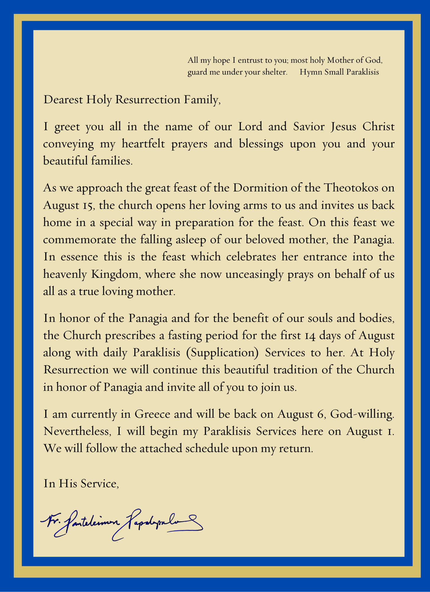 Special Message from Father Panteleimon for the Dormition of the Theotokos